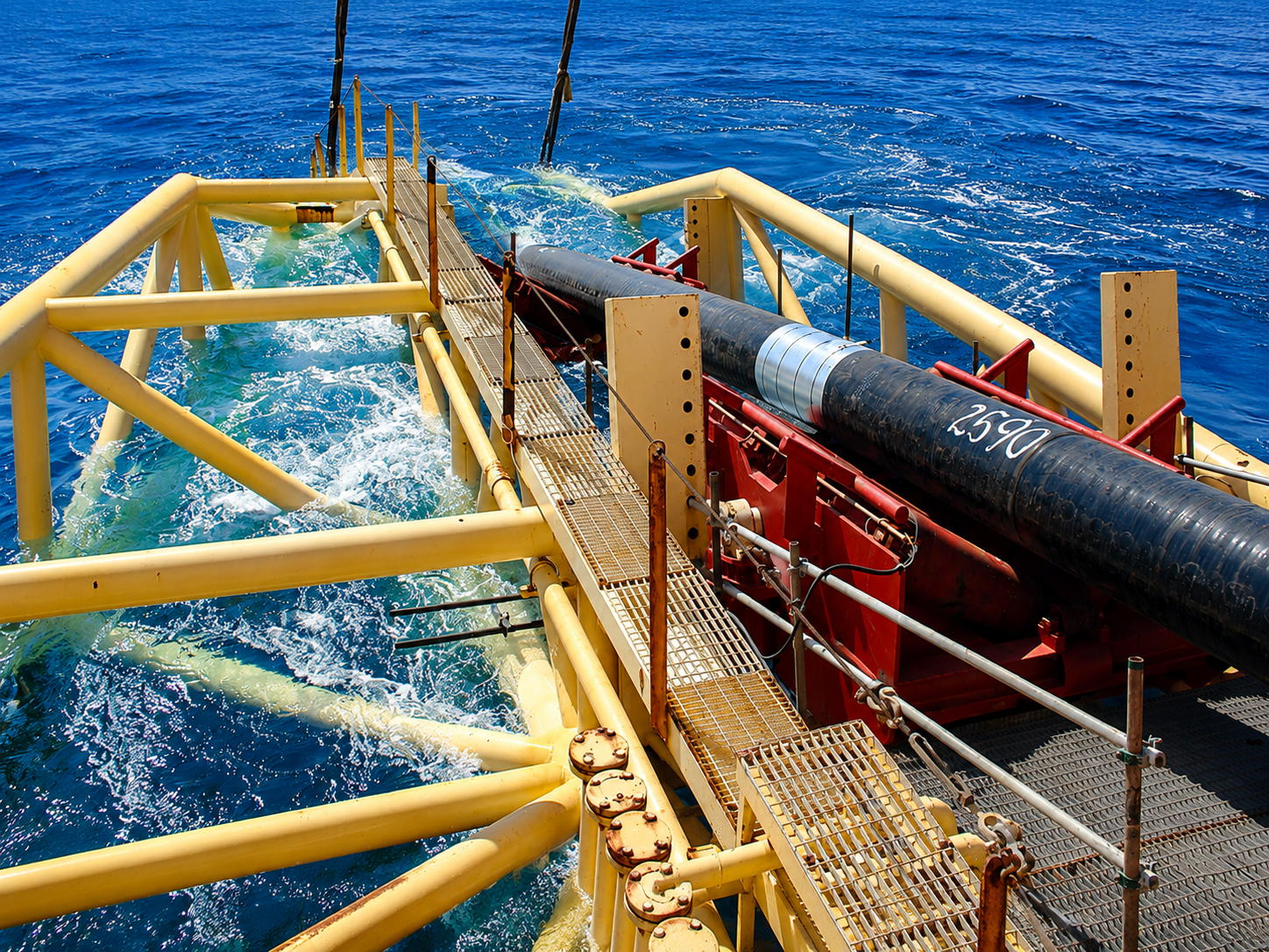 Pipeline section on a yellow lay structure being lowered into open water