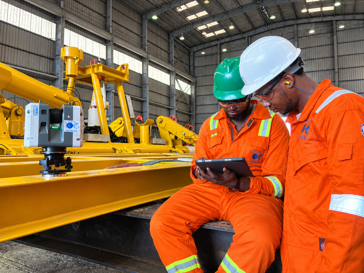 Subsea100 surveyors running a 3D laser scan in the fabrication yard