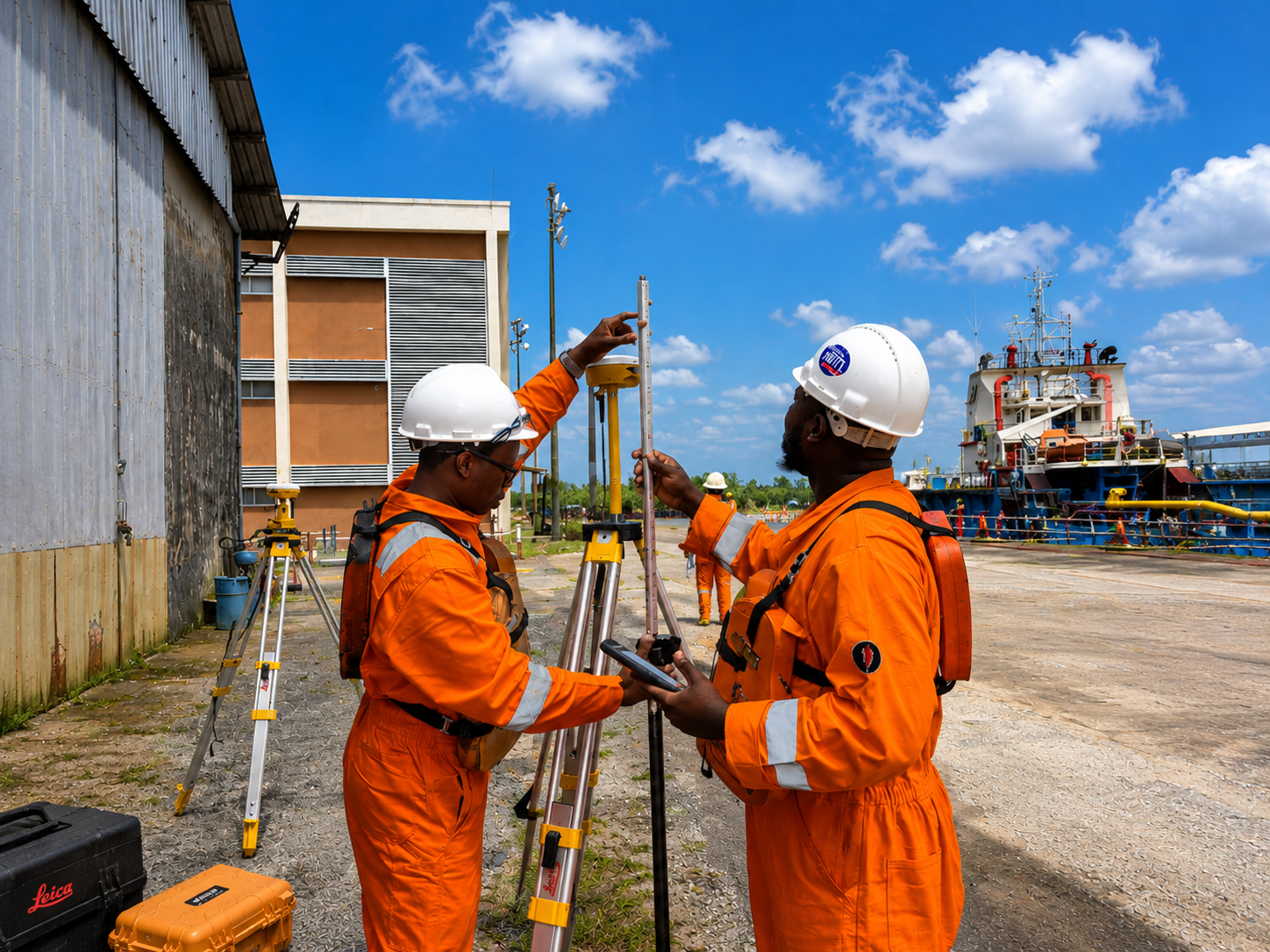 Two Subsea100 surveyors setting up GNSS antennas and a total station on the quayside
