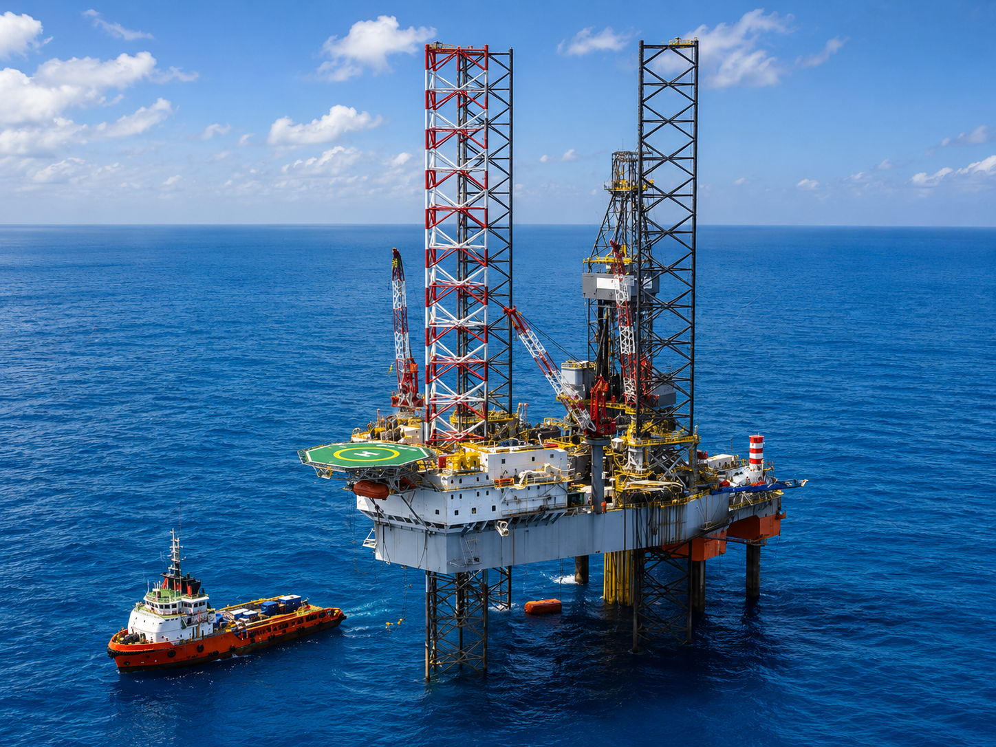 Aerial view of a jack-up rig and crew support vessel