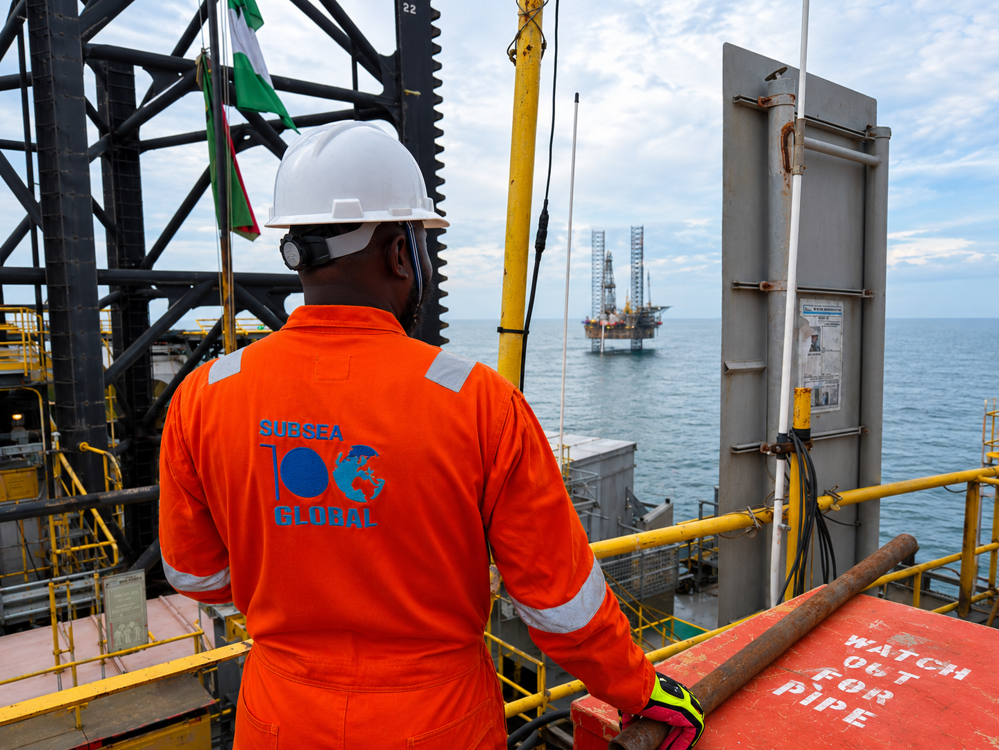 Subsea100 crew member on a jack-up rig deck with the Nigerian flag