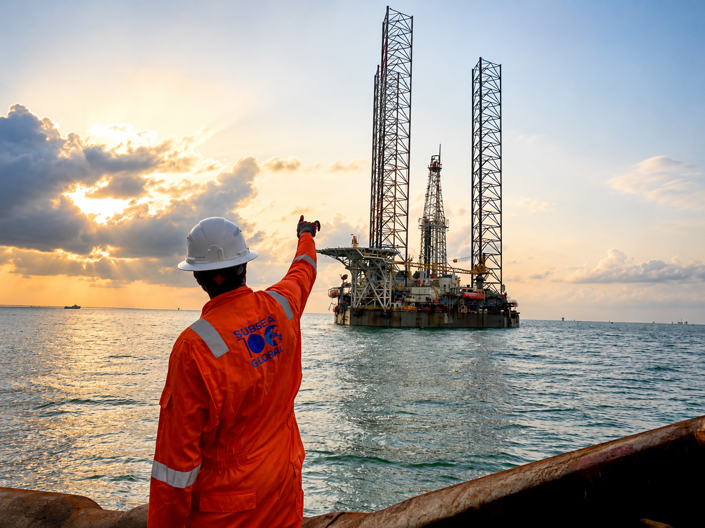 Subsea100 crew member overlooking a jack-up rig at sunset
