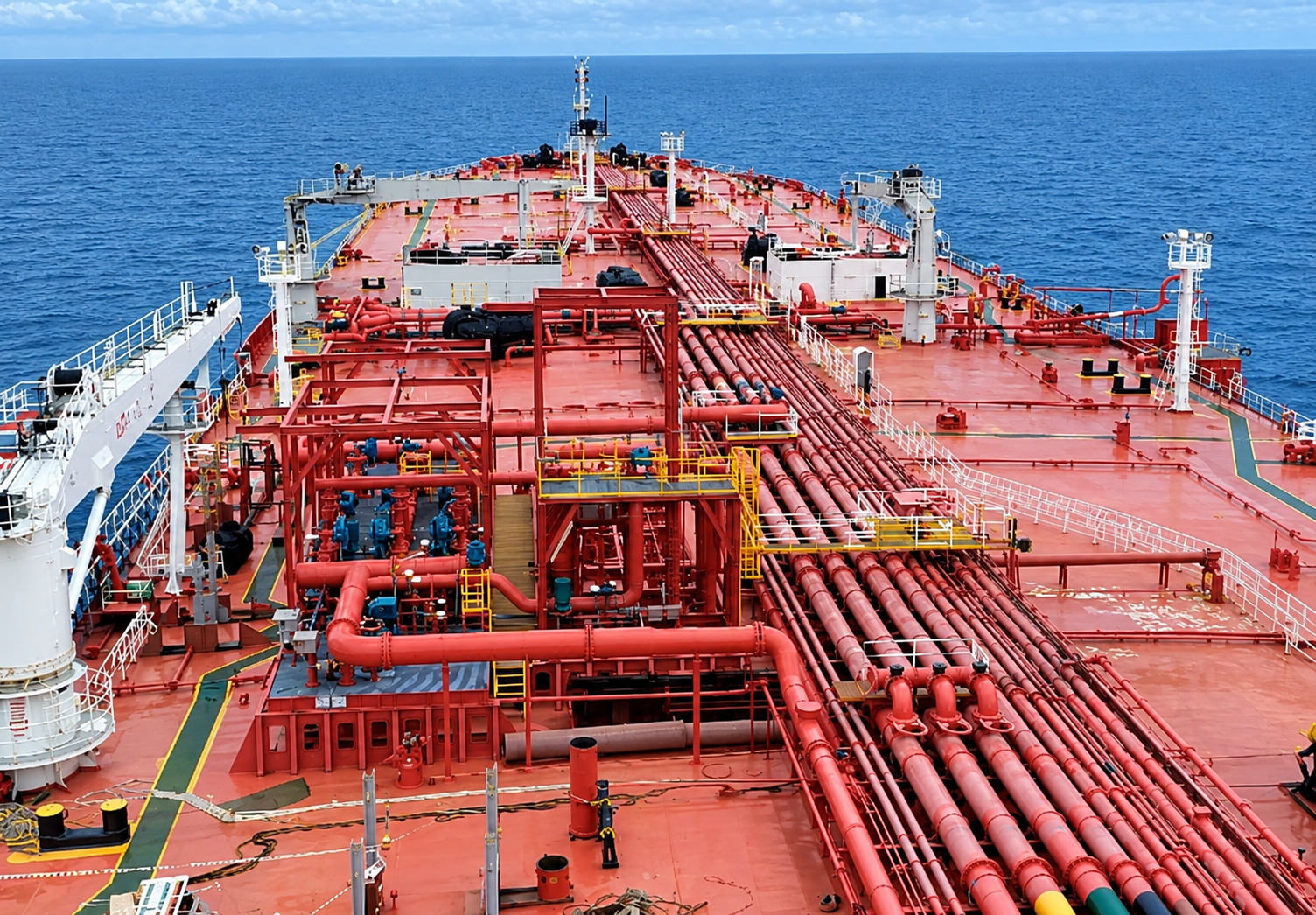 FPSO deck with mooring and riser piping at sea