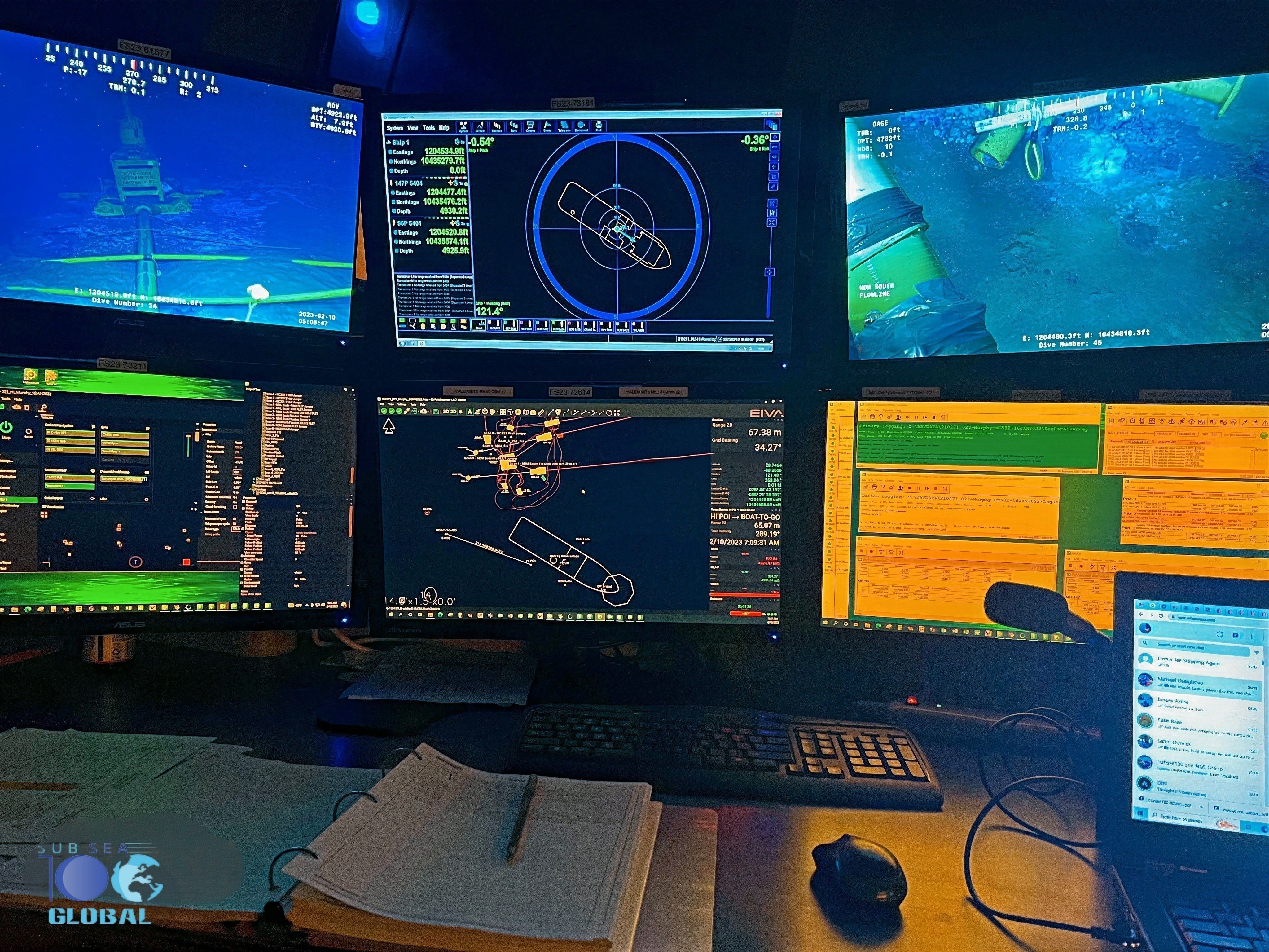 Subsea100 navigation spread — multi-screen ROV and positioning control room