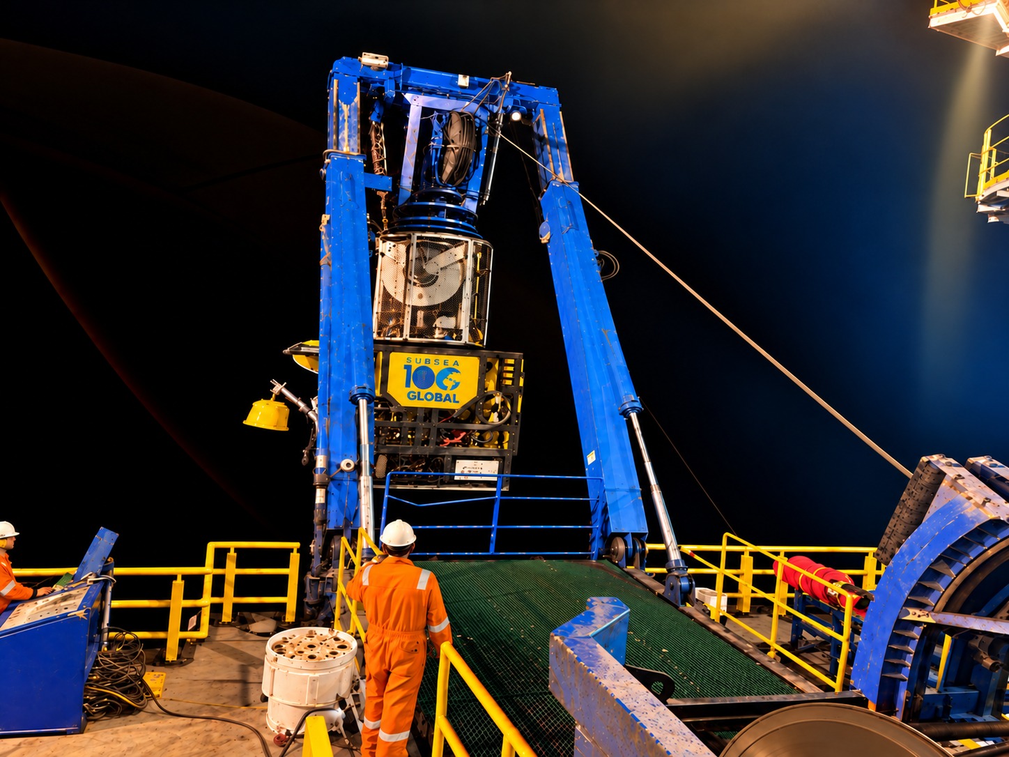 Night deck operations launching a subsea spread