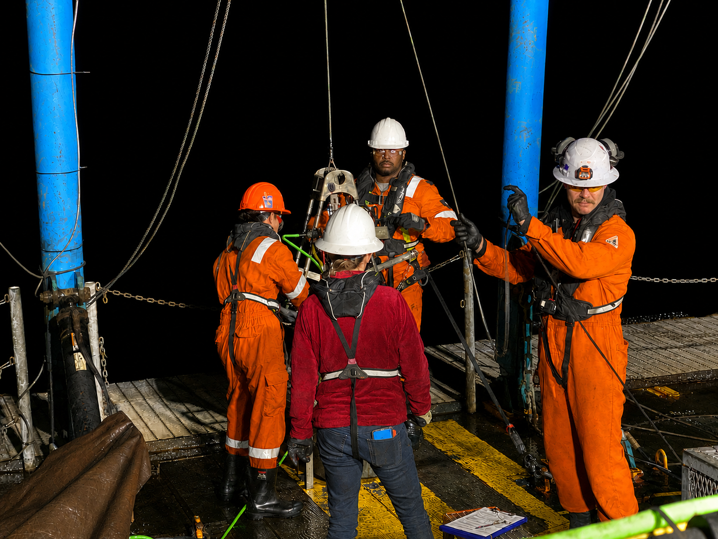 Four-person rigging crew working wire and sheave equipment on a platform deck at night