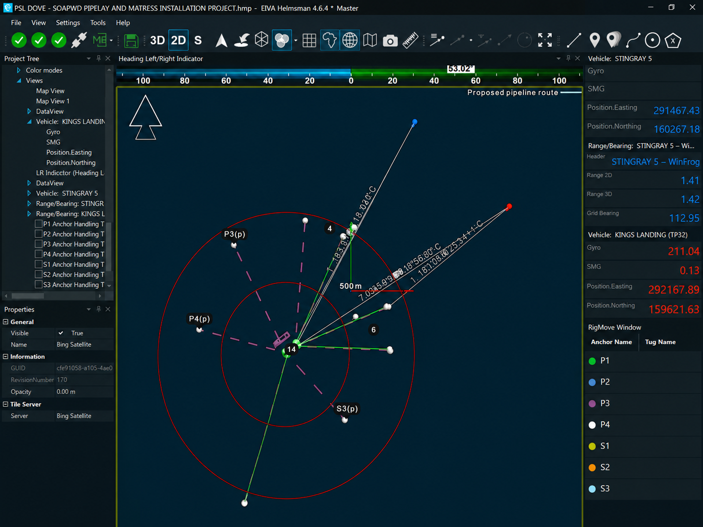 EIVA Helmsman navigation software showing the PSL DOVE pipelay and mattress installation project
