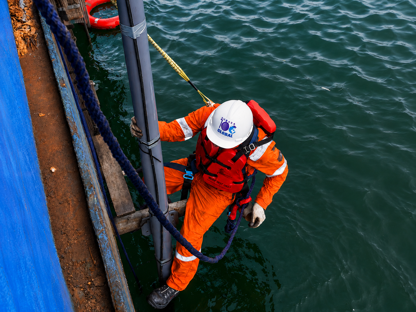 Rope access technician on a vessel side