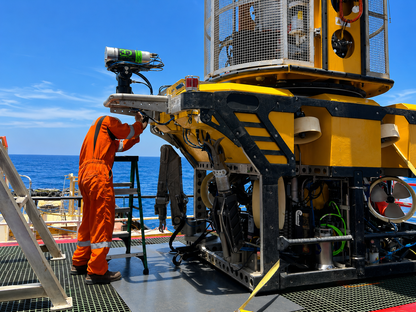 Technician servicing a work-class ROV on deck