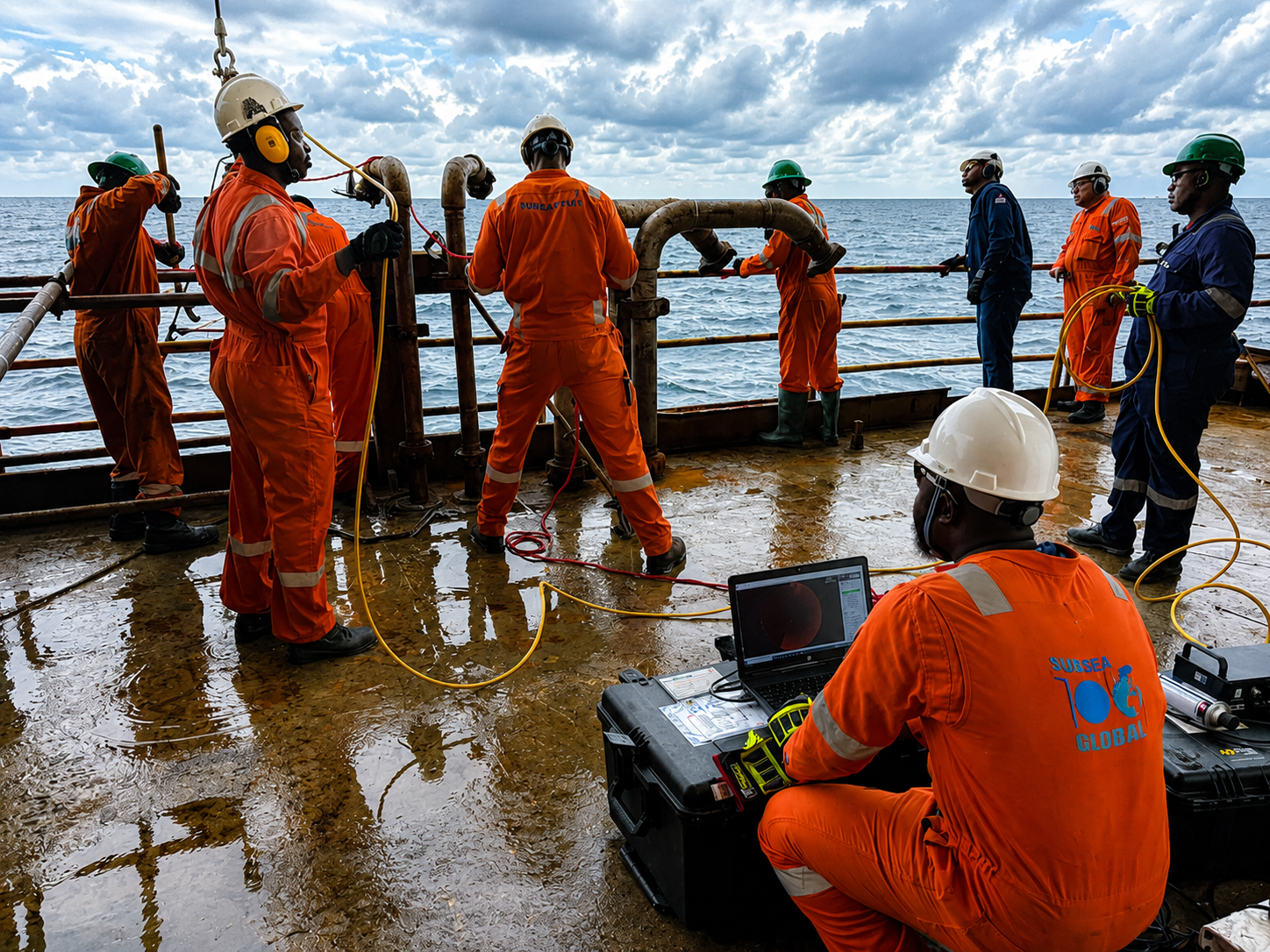 Subsea100 crew operating ROV umbilical and monitoring sonar feed on deck