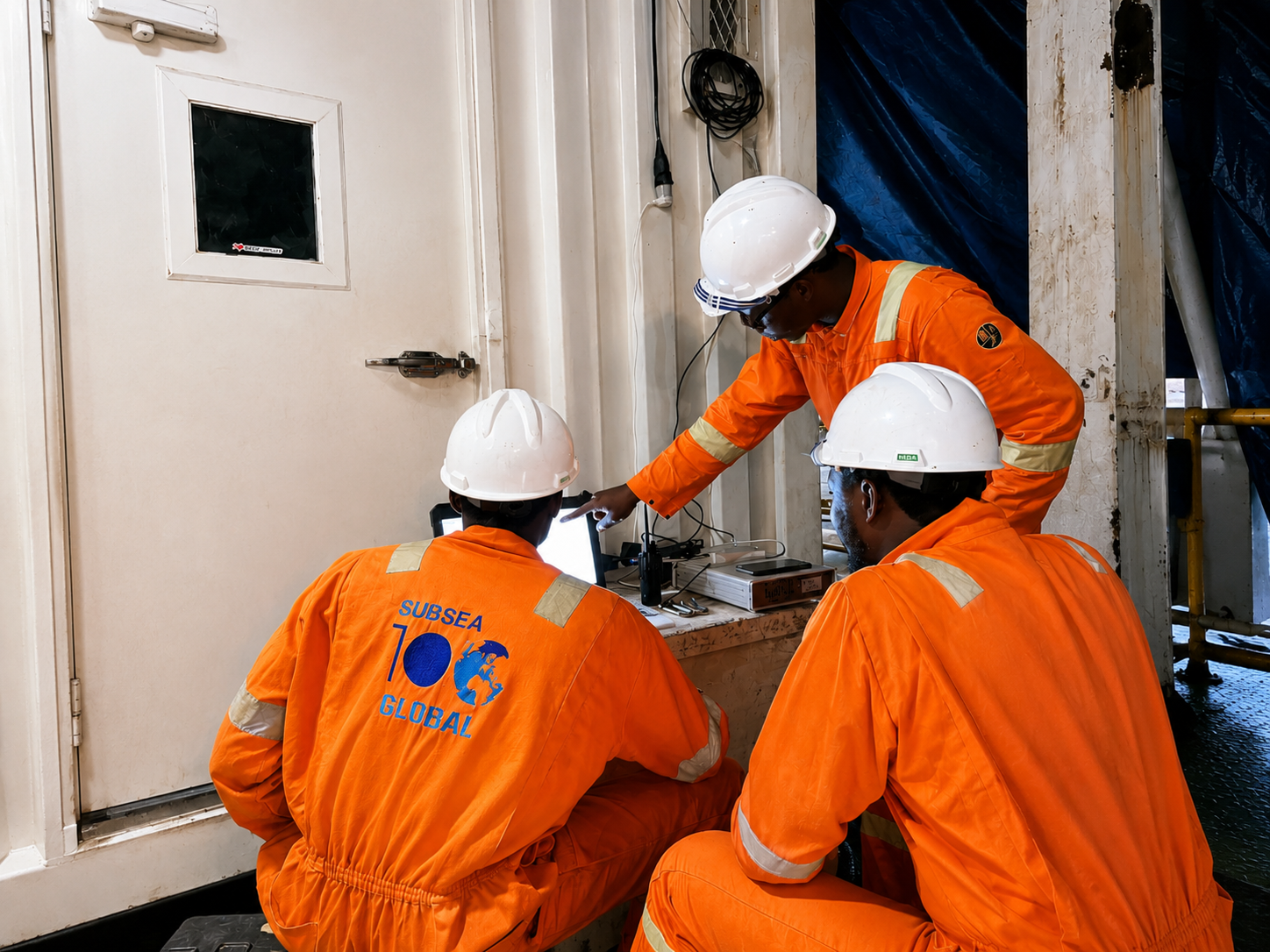 Subsea100 crew reviewing equipment together