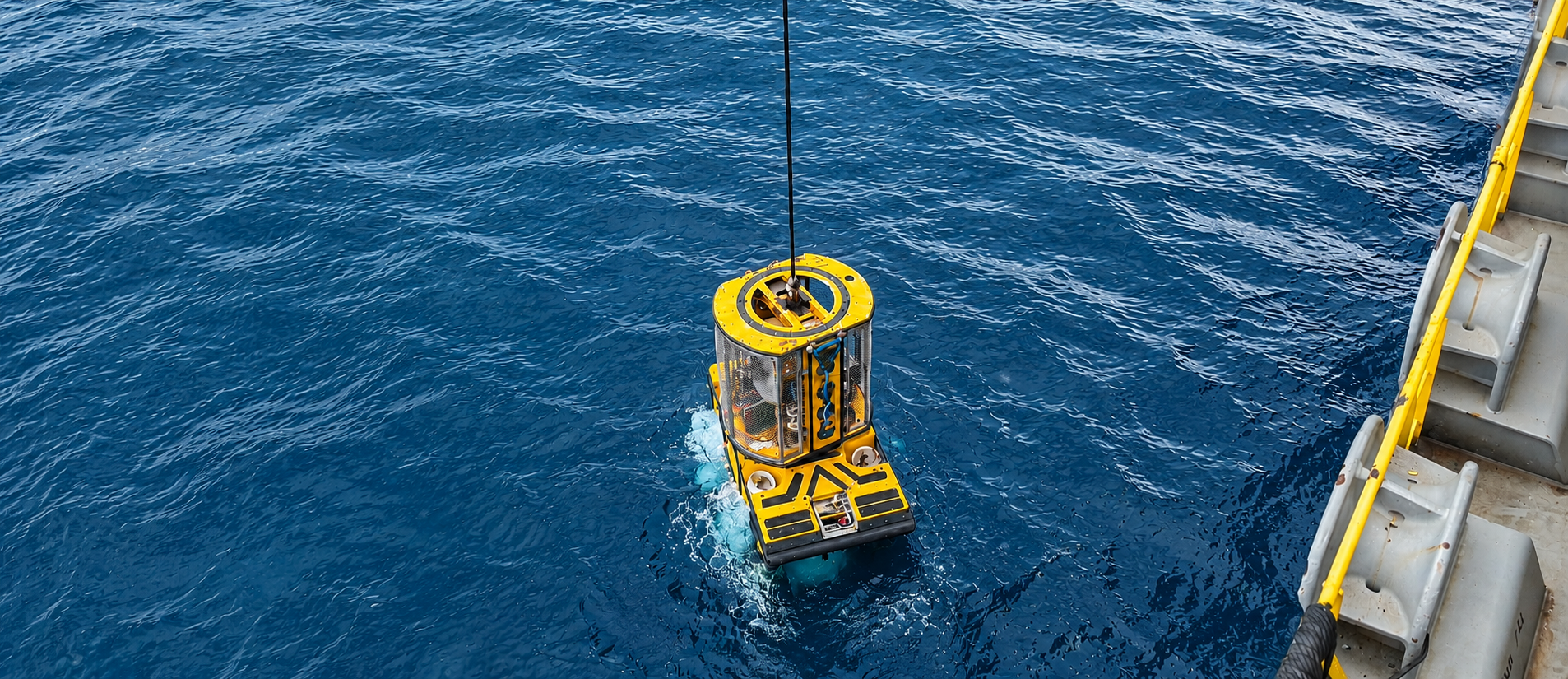 ROV being lowered by crane line into open water from the vessel deck